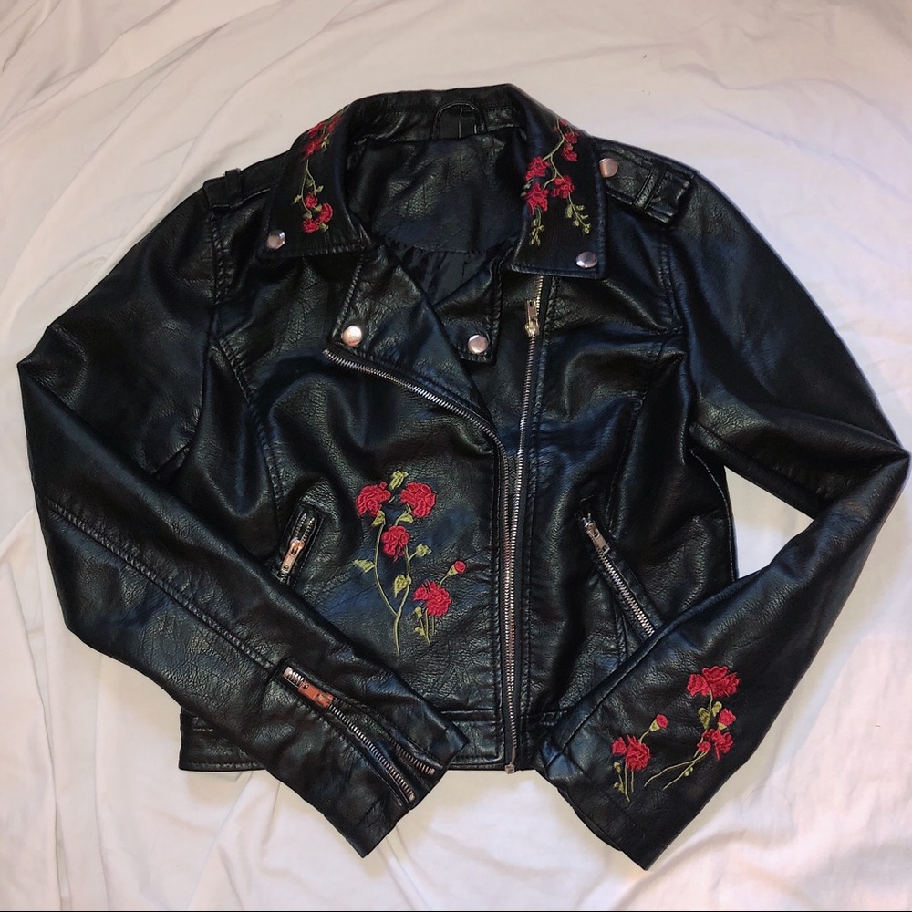 Rose Embroidered Black Leather Jacket